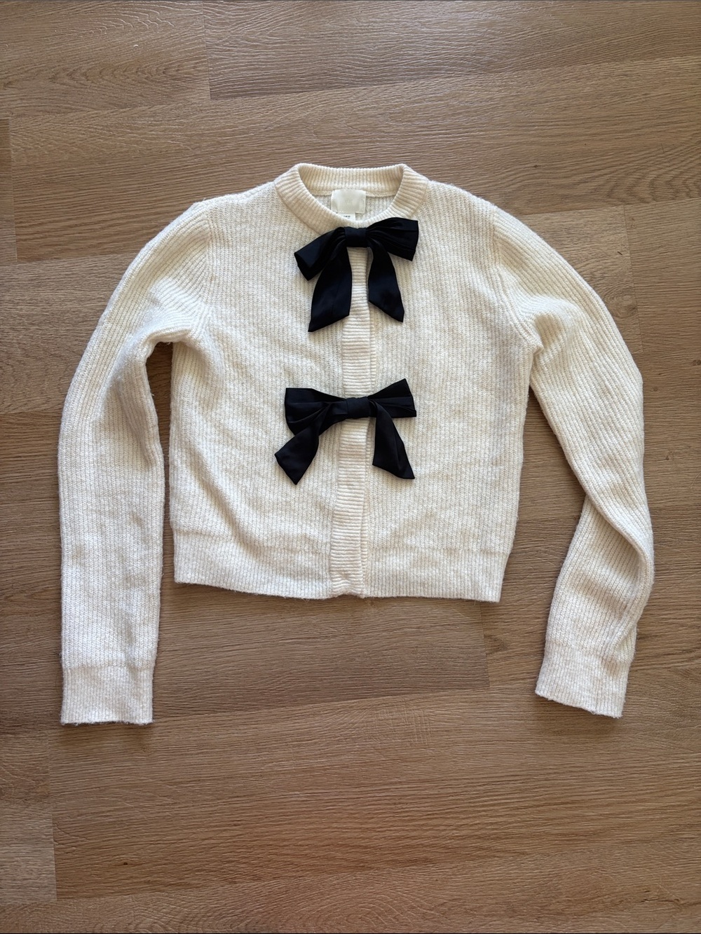 Ivory Knit Sweater Cardigan with Black Bow Details